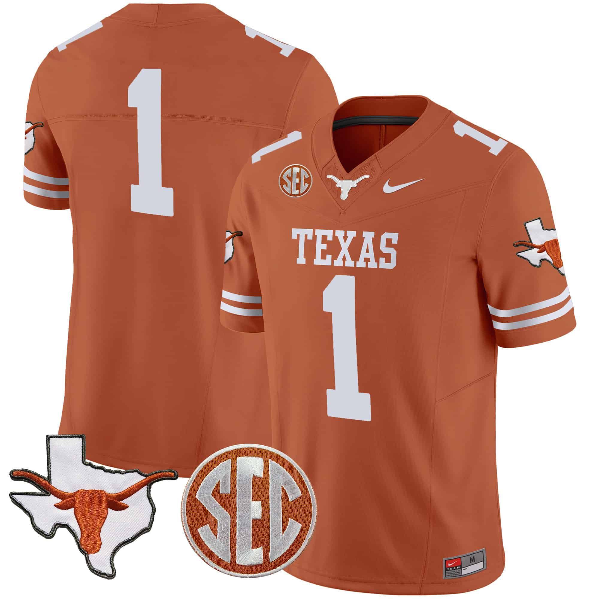 Men Texas Longhorns #1 No Name Orange 2024 Nike State Map & SEC Patch Vapor NCAA Jersey style 1